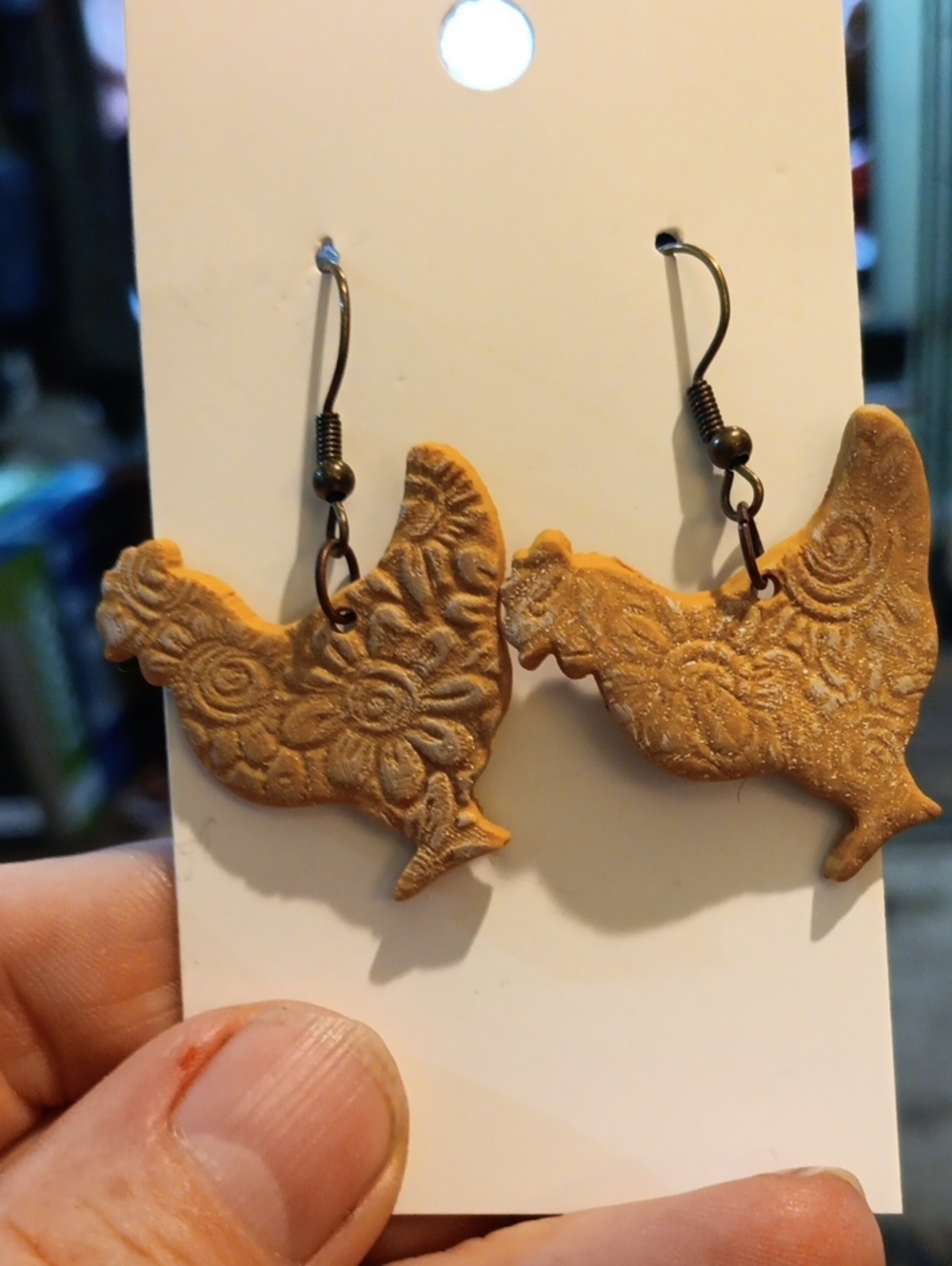 Handmade Chicken Dangle Earrings - Tan Floral Texture